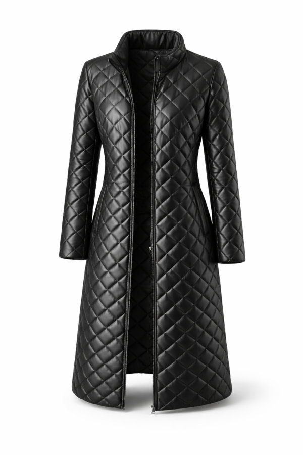 Stay warm and chic with this Women’s Quilted Leather Packable Overcoat — a versatile long jacket that combines soft faux-leather outer layers with quilted insulation for comfortable warmth and a modern silhouette.