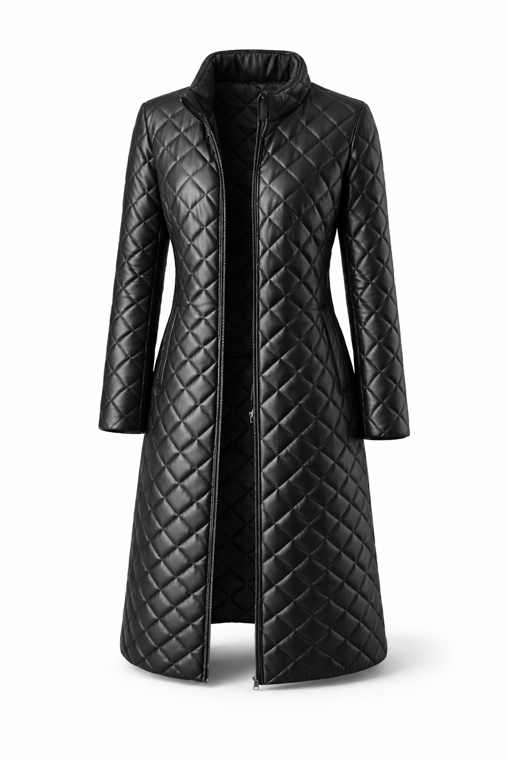 4cfd91b9-5127-4dfb-a7f0-44c142995d14 Stay warm and chic with this Women’s Quilted Leather Packable Overcoat — a versatile long jacket that combines soft faux-leather outer layers with quilted insulation for comfortable warmth and a modern silhouette. - Image 1
